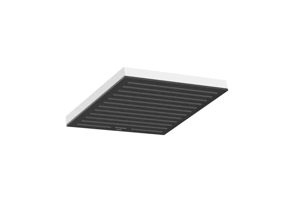 Kopfbrause in rechteckiger Form mit mattem weißen Finish und gerippter Oberfläche, montiert an einer Decke, von der Marke Hansgrohe.